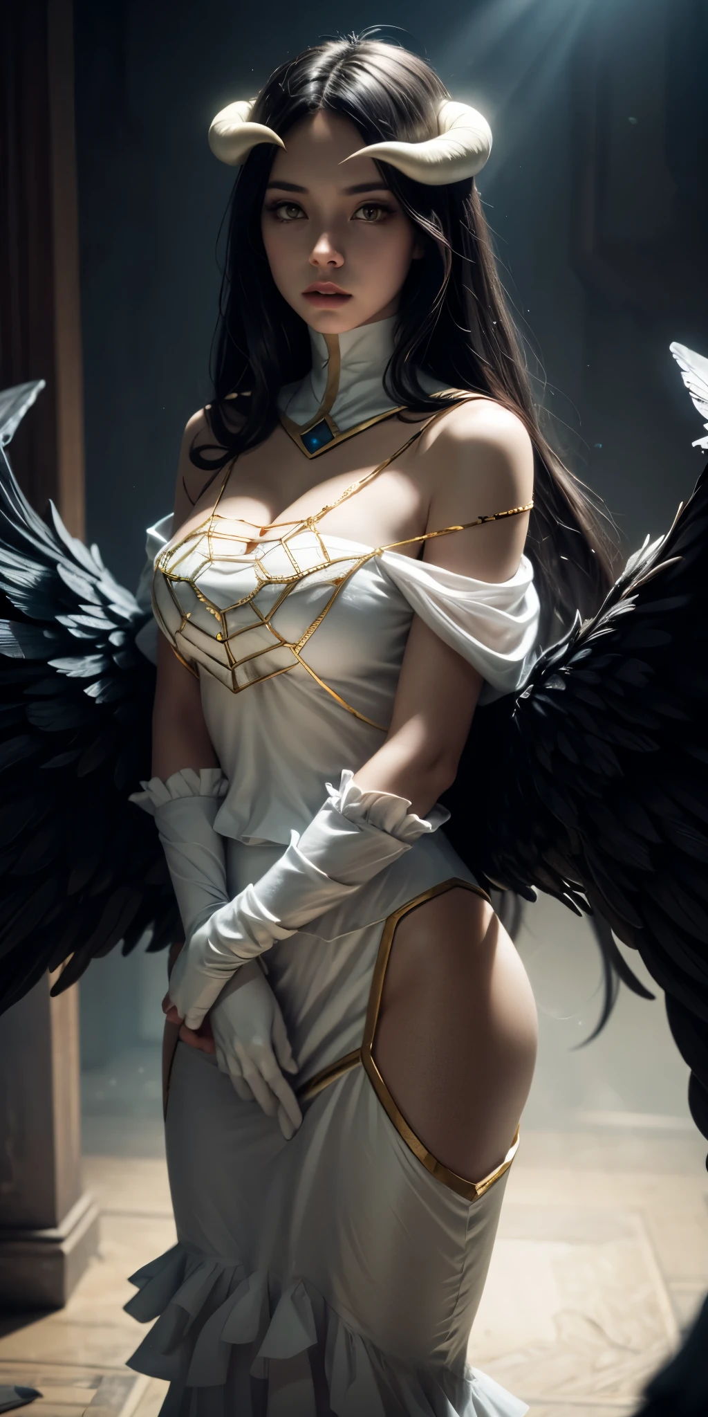 Masterpiece, Best quality, high resolucion, AL1, demon horns, pupilles fendues, Gants blancs, Regarder le spectateur, Robe blanche, bare shoulders, Detached collar, clivage, Ailes noires, feathered wings, ailes basses, Tir de cowboy, agenouillement, sourire, cachot, sourire diabolique, Tenue de femme de chambre, breasts exposed, visible