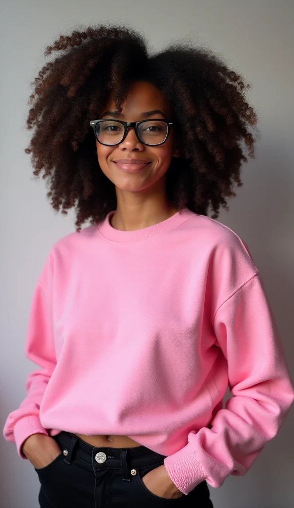 ***** adult, black, medium length curly hair, glasses, pink sweatshirt, full body, black pants,