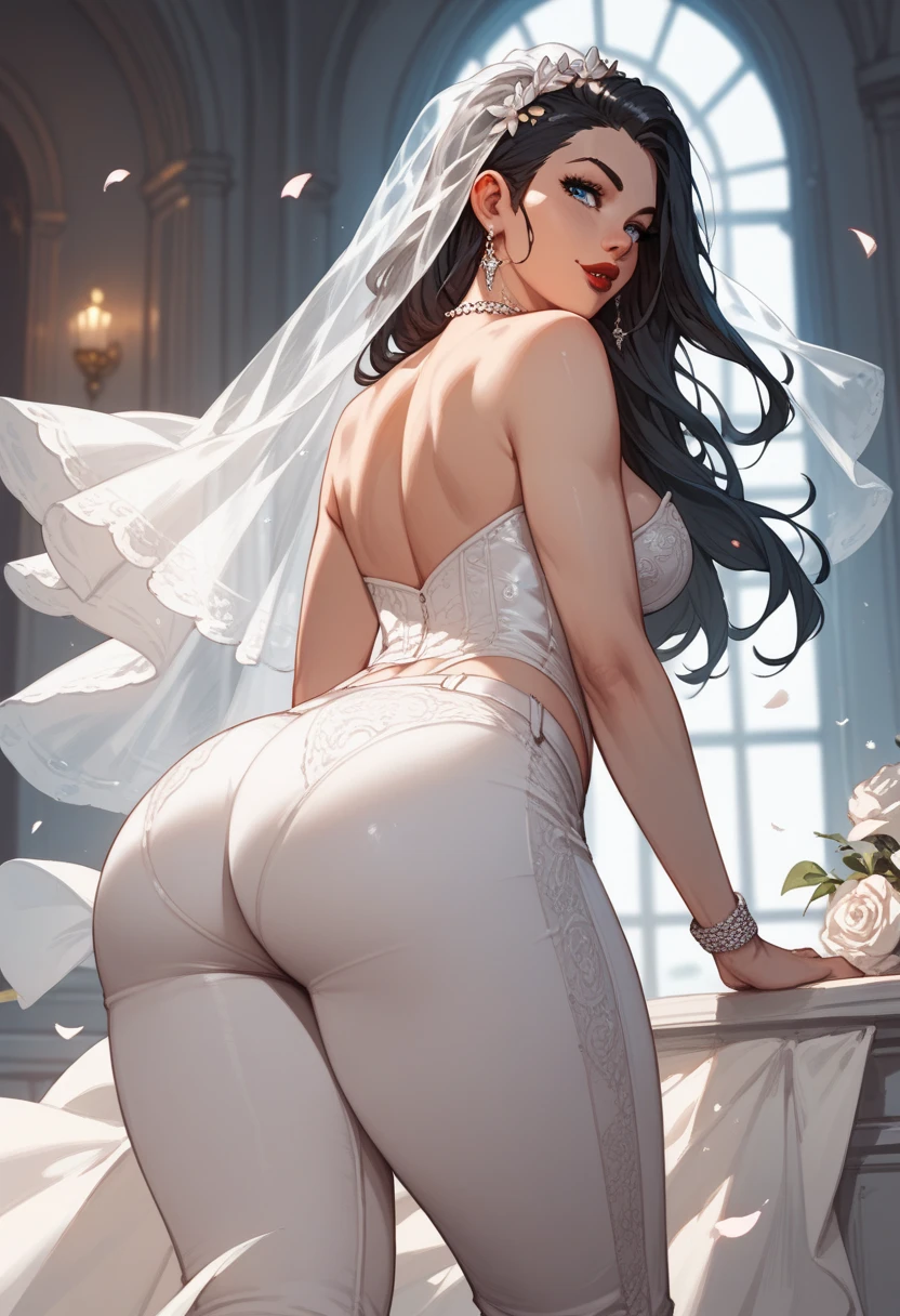  Young woman with black hair,  long hair pants,  blue eyes,  defined body, flat belly,  Thick thighs,  big butt ,  medium breasts ,  red lips, sexy wedding dress,  out of four,  focus on the ass,  looking back,  perky ass