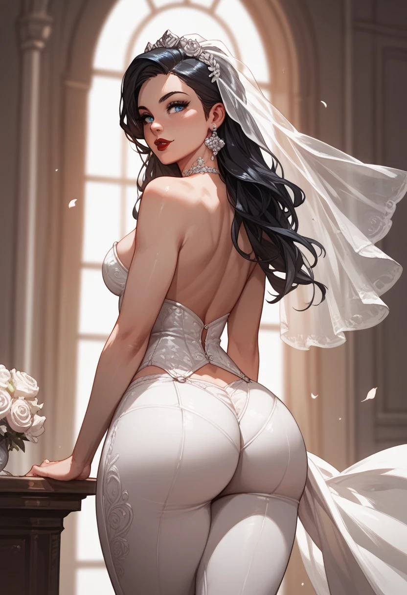  Young woman with black hair,  long hair pants,  blue eyes,  defined body, flat belly,  Thick thighs,  big butt ,  medium breasts ,  red lips, sexy wedding dress,  out of four,  focus on the ass,  looking back,  perky ass