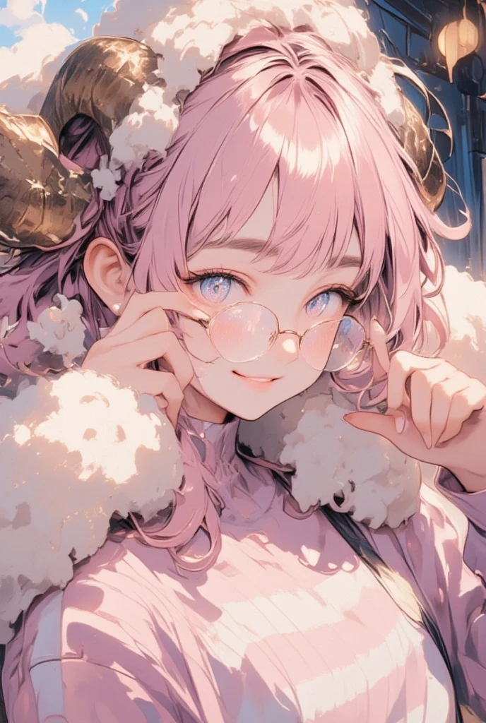 ((best quality)), ((masterpiece)), (Very delicate details, Incredibly detailed, Her fingers are perfectly shaped:1.3),  1girl , soft smile:1.3, (Her hair is pink and fluffy:1.2, Hair as voluminous as sheep's wool), Sheep's round horns:1.1, Thick eyebrows:1.35, (Round Glasses:1.3, Pinch the frames of your glasses with your fingers), Round hat, Pink striped sweater, Bust Up:1.3, Diagonal view from above:1.3, Soft light expression