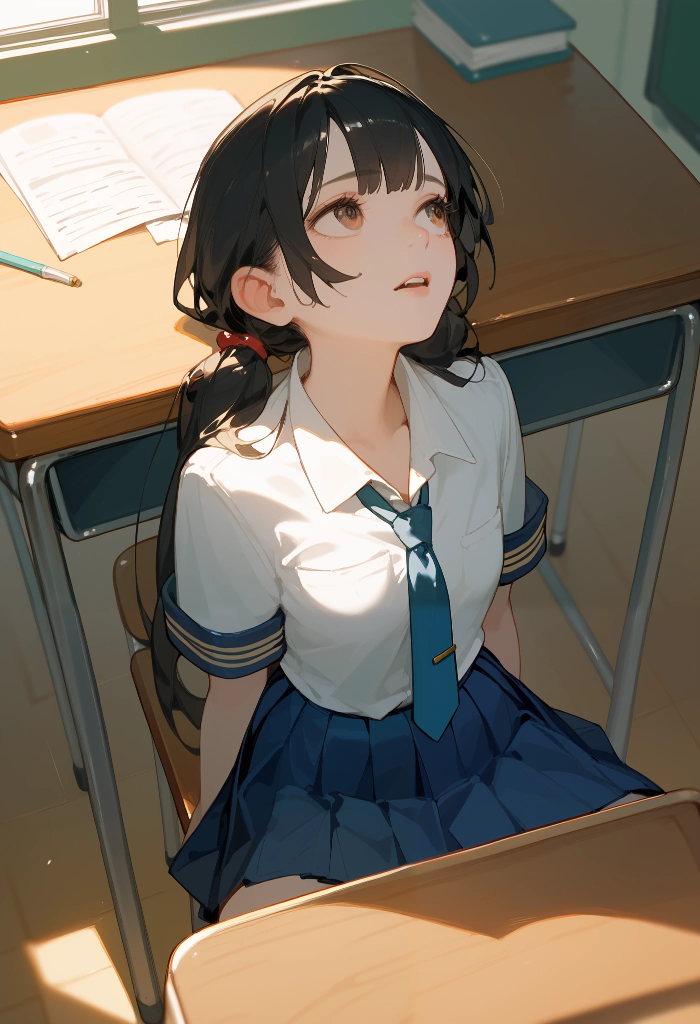 girl in school uniform , under the desk, in half, something looking for , что-то потеряла under the desk