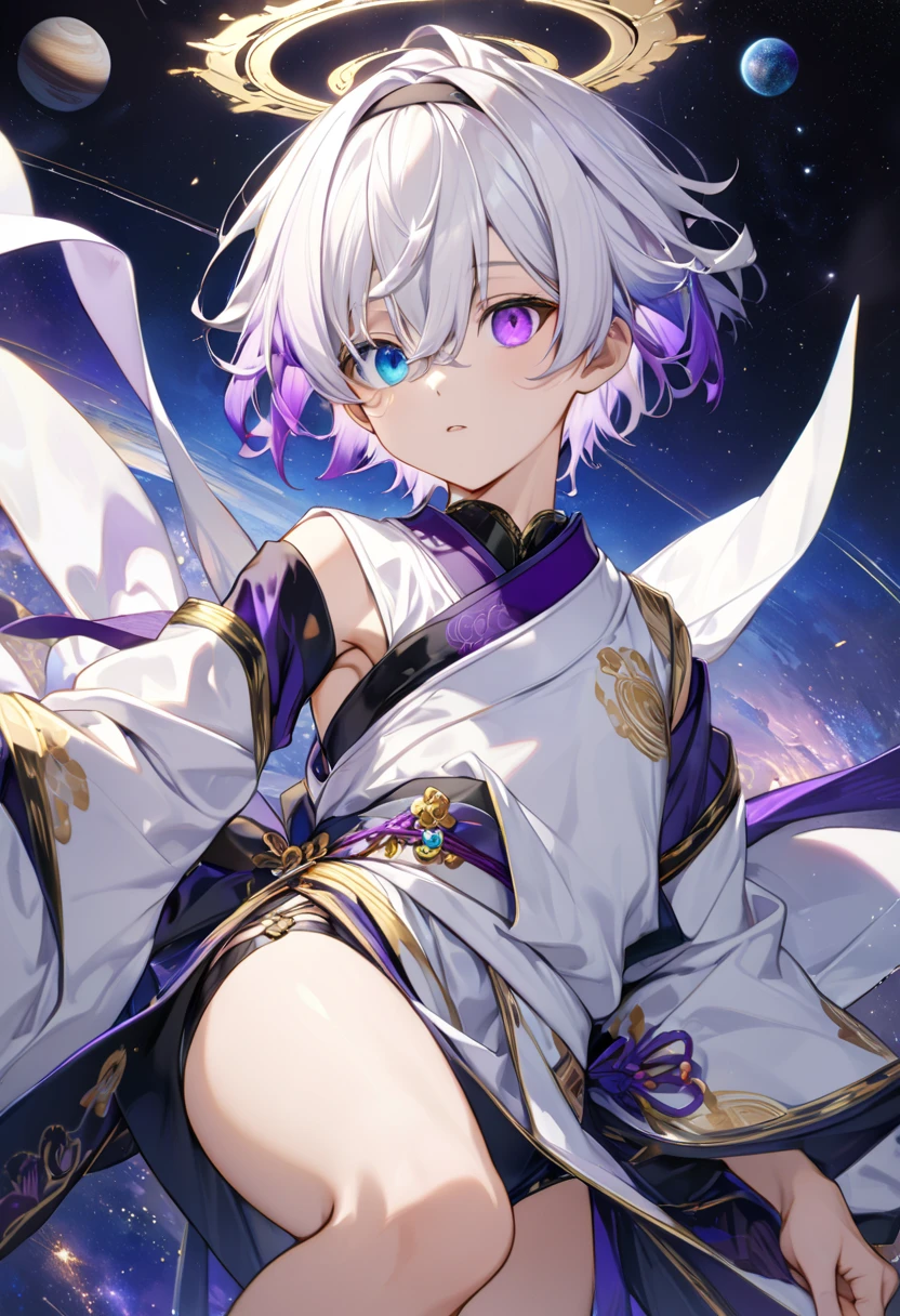 Fresh illustration,
Ultra-fine drawing,
Very delicate illustration,
Very fine details,
Drawing of a boy alone,
Height 158cm,
((Standing)),
Fair skin,
((((Right iris is blue and left iris is purple)))))
(((((Complete heterochromia))))),
Beautiful eyes,
Large black pupils,
Short hair,
White hair,
Bluish roots,
Gradient hair,
Shiny hair,
Beautiful face,
Small shiny halo floating on top of head,
Raised eyebrows,
Upper body is Japanese style and wearing kimono,
Masculine build,
Six pack ,
Very small breasts,
No breasts,
Lower body is Chinese dress,
Obi color is black,
Overall white clothes,
Tasteful embroidery with gold thread,
Clothes with high-quality texture,
Jock strap underwear,
Thigh straps,
Thigh straps digging into skin,
White long boots,
Shoes have Japanese-style toes,
Number of fingers and toes is 5,
Thin waist,
Thin legs,
Isometric,
Golden ratio,
Divine atmosphere,
Wearing an indigo-colored stand-up collar inner,
Outer space,
Galaxy,
Countless small stars,
Tactical use of shadows,
Headband and hair do not extend beyond the frame,
Clothes do not extend beyond the frame,
(Knee shot),