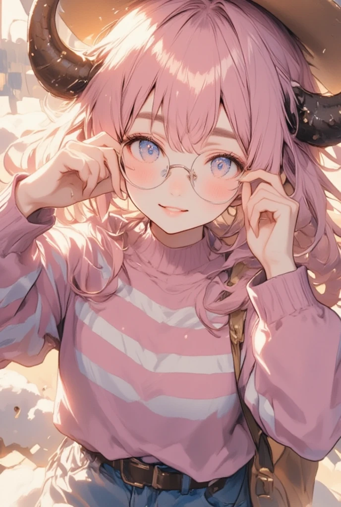 ((best quality)), ((masterpiece)), (Very delicate details, Incredibly detailed, Her fingers are perfectly shaped:1.3),  1girl , soft smile:1.3, (Her hair is pink and fluffy:1.2, Hair as voluminous as sheep's wool), Sheep's round horns:1.1, Thick eyebrows:1.35, (Round Glasses:1.3, Pinch the frames of your glasses with your fingers), Round hat, Pink striped sweater, Bust Up:1.3, Diagonal view from above:1.3, Soft light expression