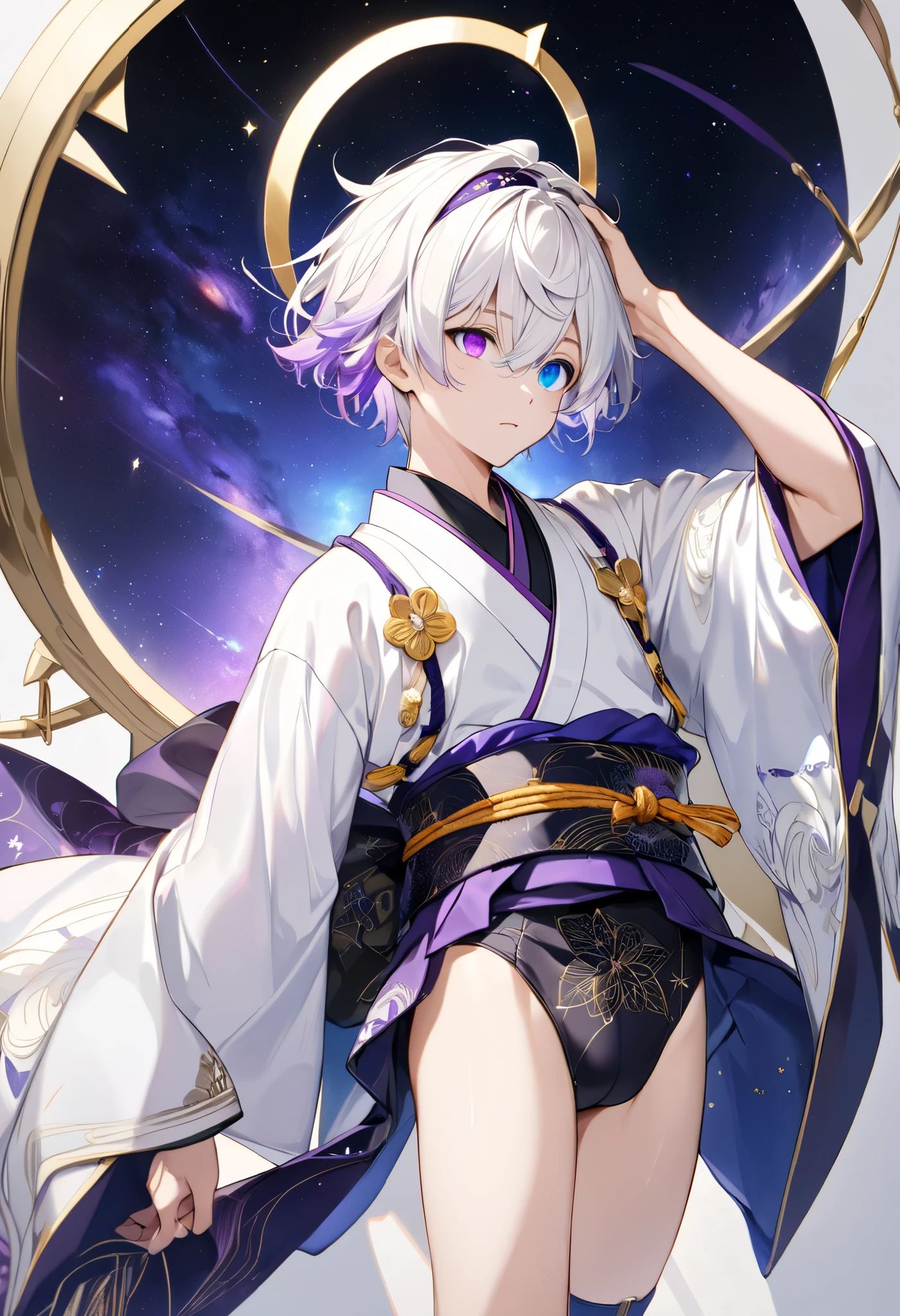 Fresh illustration,
Ultra-fine drawing,
Very delicate illustration,
Very fine details,
Drawing of a boy alone,
Height 158cm,
((Standing)),
Fair skin,
((((Right iris is blue and left iris is purple)))))
(((((Complete heterochromia))))),
Beautiful eyes,
Large black pupils,
Short hair,
White hair,
Bluish roots,
Gradient hair,
Shiny hair,
Beautiful face,
Small shiny halo floating on top of head,
Raised eyebrows,
Upper body is Japanese style and wearing kimono,
Masculine build,
Six pack ,
Very small breasts,
No breasts,
Lower body is Chinese dress,
Obi color is black,
Overall white clothes,
Tasteful embroidery with gold thread,
Clothes with high-quality texture,
Jock strap underwear,
Thigh straps,
Thigh straps digging into skin,
White long boots,
Shoes have Japanese-style toes,
Number of fingers and toes is 5,
Thin waist,
Thin legs,
Isometric,
Golden ratio,
Divine atmosphere,
Wearing an indigo-colored stand-up collar inner,
Outer space,
Galaxy,
Countless small stars,
Tactical use of shadows,
Headband and hair do not extend beyond the frame,
Clothes do not extend beyond the frame,
(Knee shot),