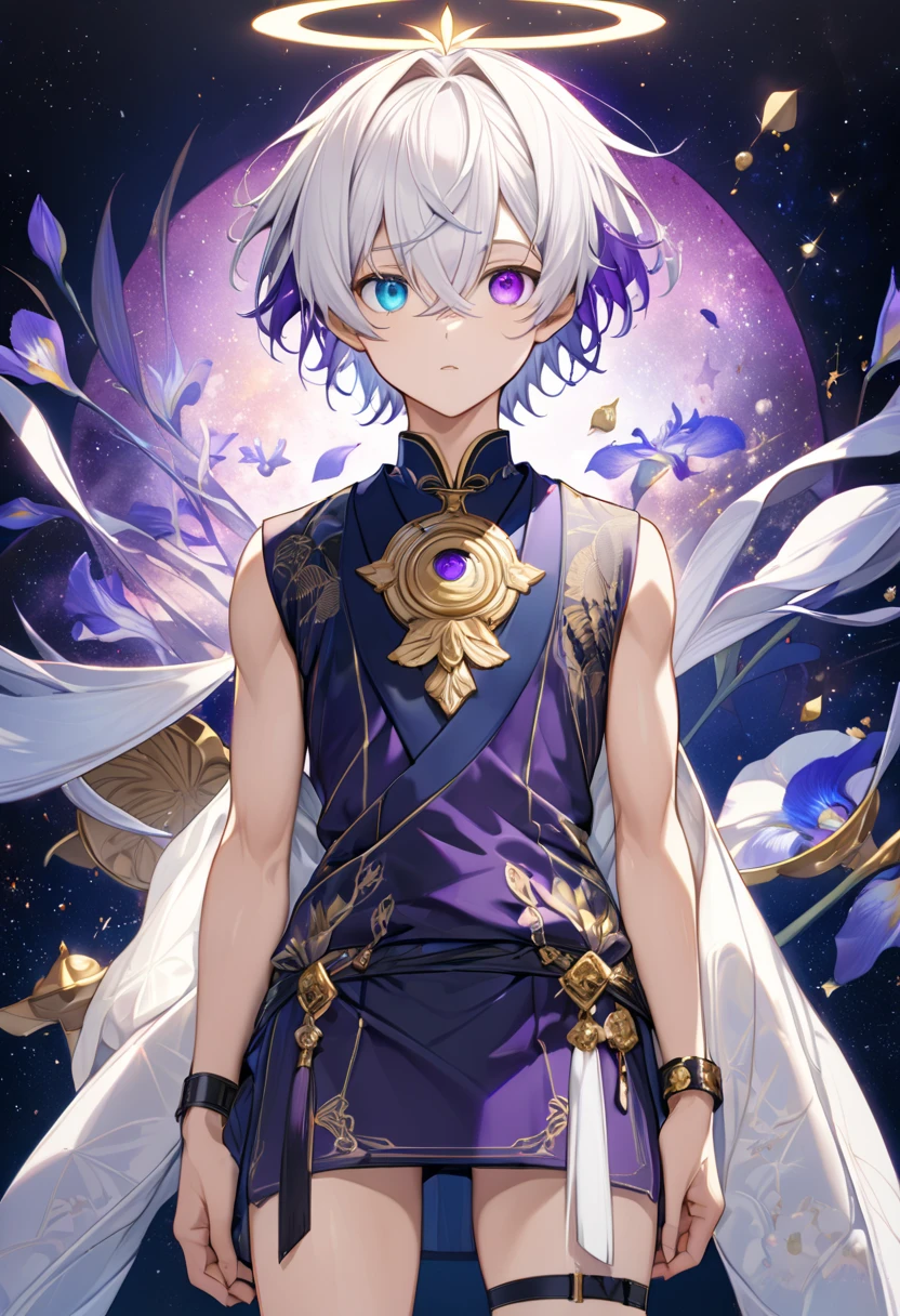 Fresh illustration,
Ultra-fine drawing,
Very delicate illustration,
Very fine details,
Drawing of a boy alone,
Height 158cm,
((Standing)),
Fair skin,
((((Right iris is blue and left iris is purple)))))
(((((Complete heterochromia))))),
Beautiful eyes,
Large black pupils,
Short hair,
White hair,
Bluish roots,
Gradient hair,
Shiny hair,
Beautiful face,
Small shiny halo floating on top of head,
Raised eyebrows,
Upper body is Japanese style and wearing kimono,
Masculine build,
Six pack ,
Very small breasts,
No breasts,
Lower body is Chinese dress,
Obi color is black,
Overall white clothes,
Tasteful embroidery with gold thread,
Clothes with high-quality texture,
Jock strap underwear,
Thigh straps,
Thigh straps digging into skin,
White long boots,
Shoes have Japanese-style toes,
Number of fingers and toes is 5,
Thin waist,
Thin legs,
Isometric,
Golden ratio,
Divine atmosphere,
Wearing an indigo-colored stand-up collar inner,
Outer space,
Galaxy,
Countless small stars,
Tactical use of shadows,
Headband and hair do not extend beyond the frame,
Clothes do not extend beyond the frame,
(Knee shot),