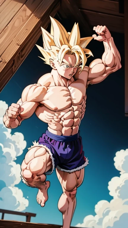 Anime-Stil , High quality full body image of Goku as a bodybuilder, Er'Ich trage nur einen Tanga , ohne Schuhe, Feet, bare Feet, massive muscular body, huge muscular shoulders, Massive big biceps, Venen im Bizeps, Muskelbeine, massive muscular abs, Bizepsflex. posierend, Sie schwitzt, very muscular, The toned body shines in the spotlight, he is standing on a stage, much muscular sexy, Bodybuilding-Pose