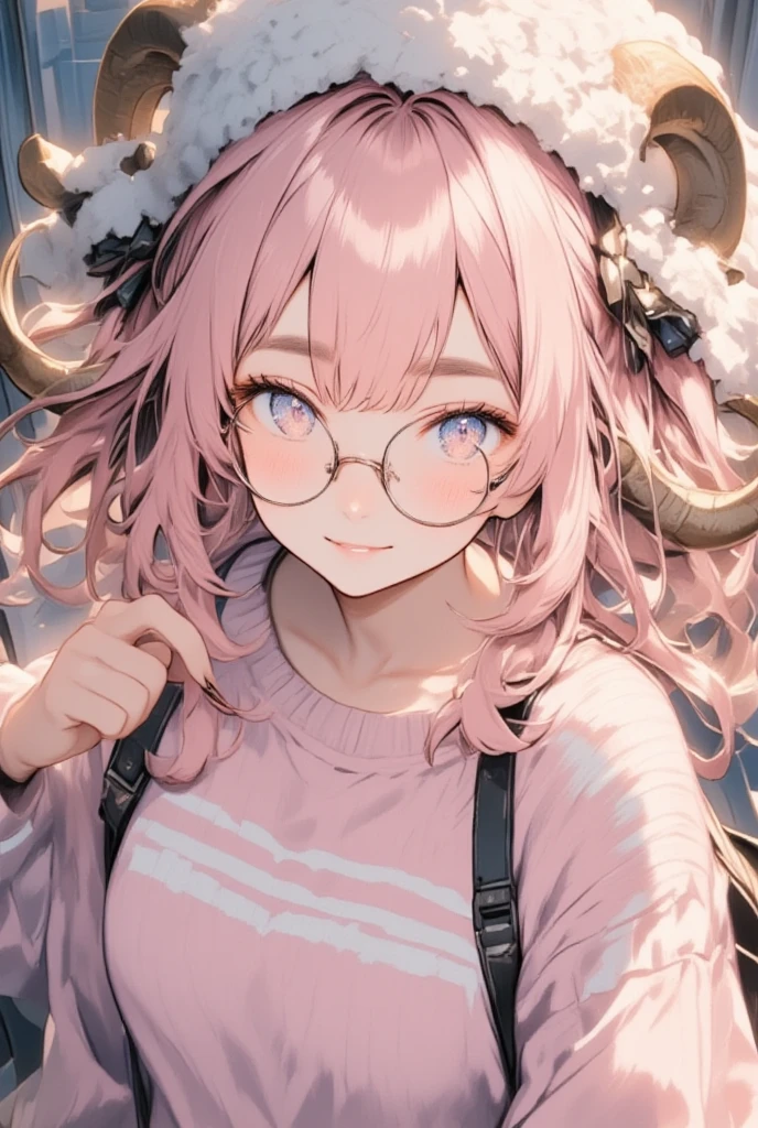 ((best quality)), ((masterpiece)), (Very delicate details, Incredibly detailed, Her fingers are perfectly shaped:1.3),  1girl , soft smile:1.3, (Her hair is pink and fluffy:1.2, Hair as voluminous as sheep's wool), Sheep's round horns:1.1, Thick eyebrows:1.35, (Round Glasses:1.3, Pinch the frames of your glasses with your fingers), Round hat, Pink striped sweater, Bust Up:1.3, Diagonal view from above:1.3, Soft light expression