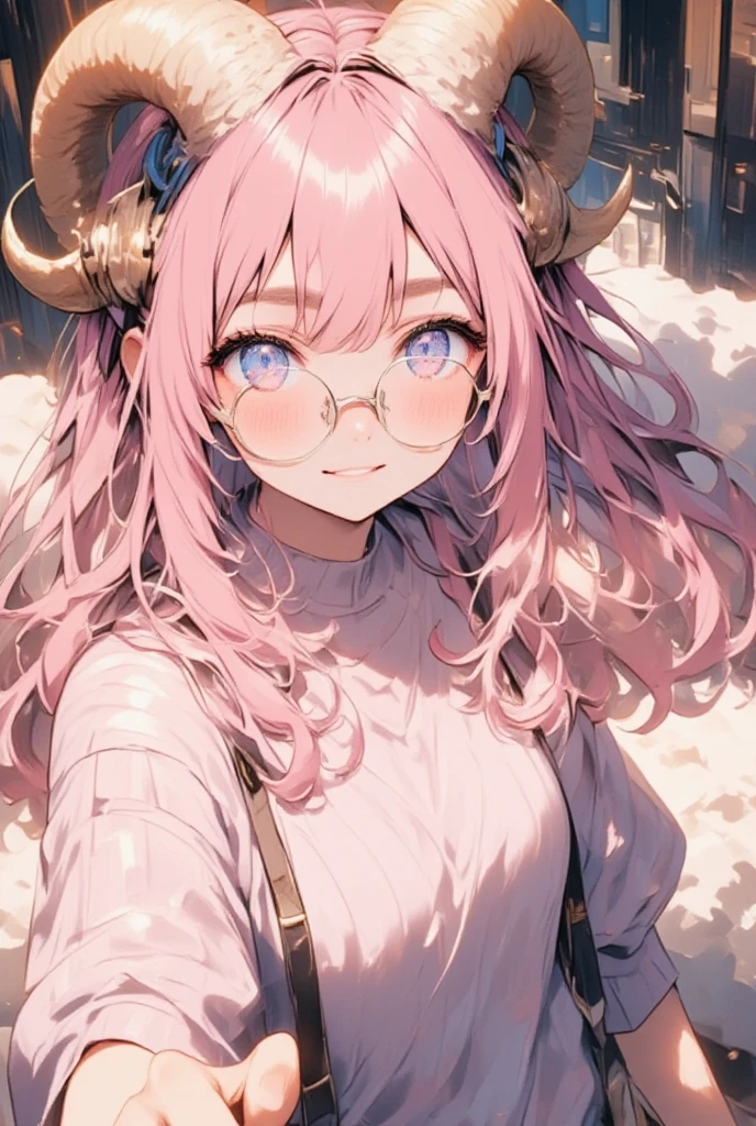 ((best quality)), ((masterpiece)), (Very delicate details, Incredibly detailed, Her fingers are perfectly shaped:1.3),  1girl , soft smile:1.3, (Her hair is pink and fluffy:1.2, Hair as voluminous as sheep's wool), Sheep's round horns:1.1, Thick eyebrows:1.35, (Round Glasses:1.3, Pinch the frames of your glasses with your fingers), Round hat, Pink striped sweater, Bust Up:1.3, Diagonal view from above:1.3, Soft light expression