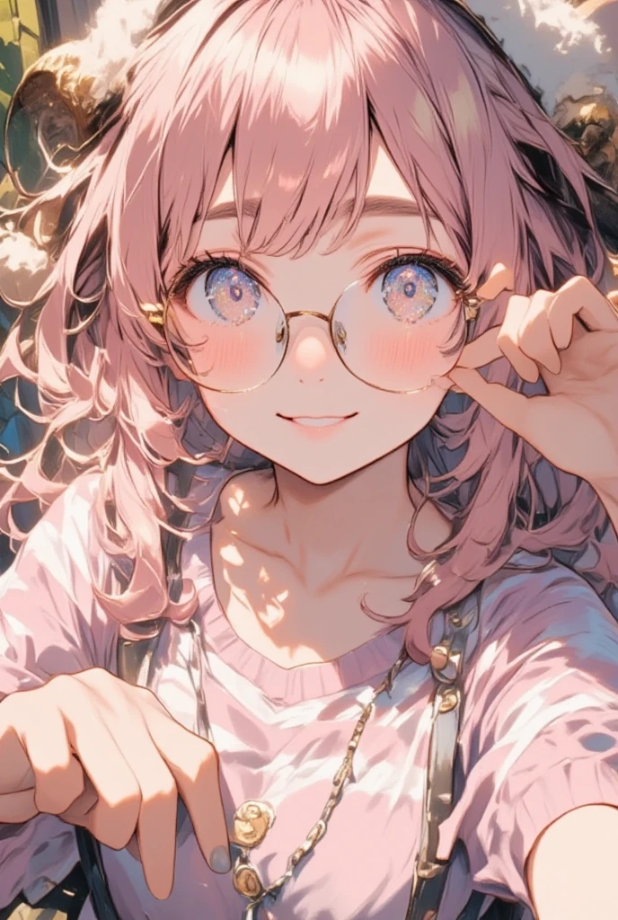 ((best quality)), ((masterpiece)), (Very delicate details, Incredibly detailed, Her fingers are perfectly shaped:1.3),  1girl , soft smile:1.3, (Her hair is pink and fluffy:1.2, Hair as voluminous as sheep's wool), Sheep's round horns:1.1, Thick eyebrows:1.35, (Round Glasses:1.3, Pinch the frames of your glasses with your fingers), Round hat, Pink striped sweater, Bust Up:1.3, Diagonal view from above:1.3, Soft light expression