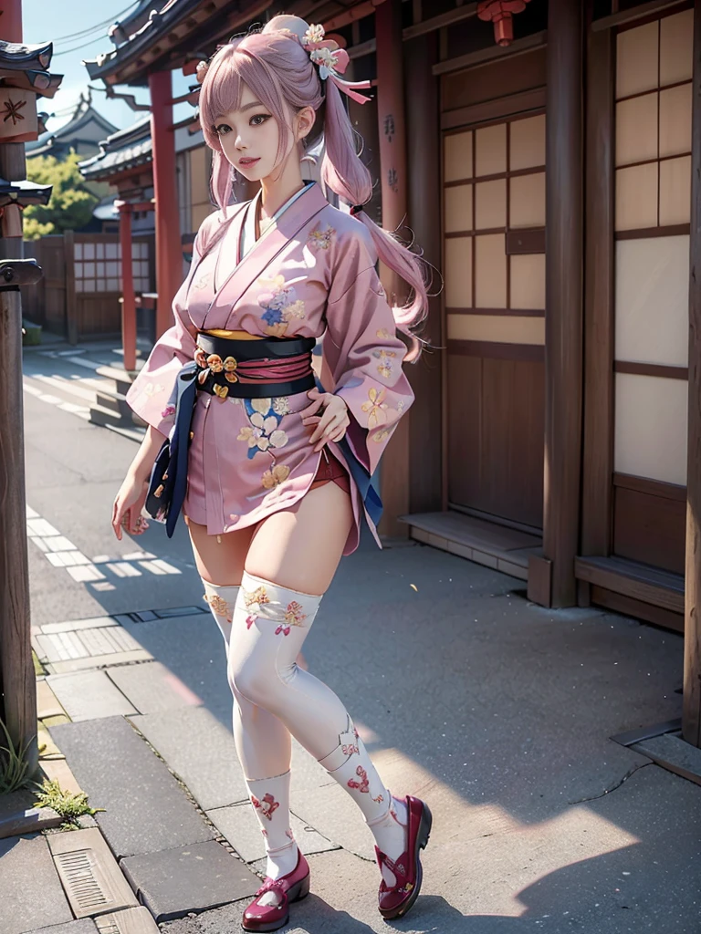 full body,full shot,sfw,russian goddess princess girl in the image of a geisha with big bright blue eyes and long fluffy eyelashes Nordic type with a perfect graceful figure and very long and fluffy wavy hair of bright wheat colour stands in full growth on the alley against the background of blooming Japanese pink sakura in Japanese kimono colour bright navy blue and Japanese shoes gane colour bright navy blue, The girl's lace kimono is intricately patterned with frank cutouts ultra short, Small breasts with protruding are viewable through the fabric and in the girl's ears are beautiful long delicate ear-rings with precious sapphires that shimmer and sparkle in the light The ground on which the girl stands is lavishly strewn with cherry petals, the scene is highly artistic, high resolution, sharp focus, artistic style Migjorni-V5, hyperphotorealism, perfect proportions, golden ratio photo, flare, outline, sunlight, soft glow, soft focus, photography style soft focus through a Monocle lens.