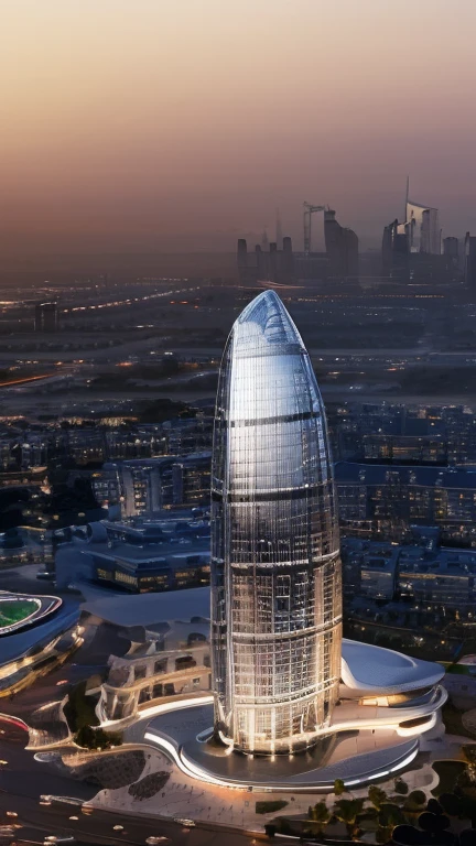 best quality, masterpiece, people, clear sky, sunset or dawn,city center, rain, zaha hadid, curve, flow,  Dubai City landscape, golden hour