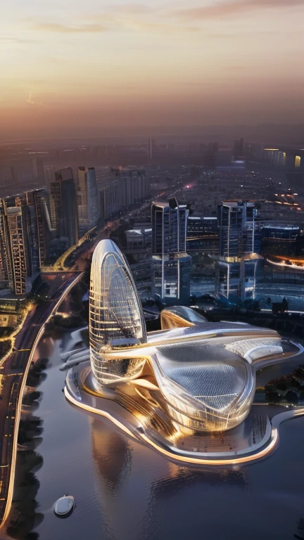 best quality, masterpiece, people, clear sky, sunset or dawn,city center, rain, zaha hadid, curve, flow,  Dubai City landscape, golden hour