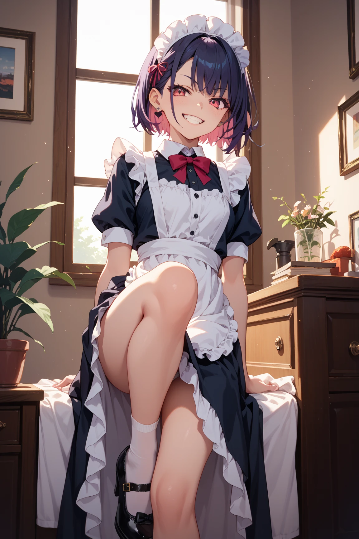 NSFW , loose clothes , Maid ,Extending the leg , evil grin
