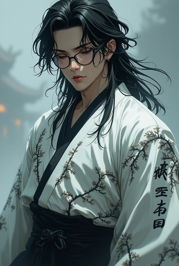 A tall, 180 cm man with black hair and large glasses. He has a serious expression and scary eyes that make people too afraid to talk to him. He has a mysterious aura that makes him look more fascinating. He is wearing traditional clothing, including a black hakama and a white haori. The haori is decorated with black Chinese calligraphy and floral blossom patterns. The character's face is slightly tilted with half-closed eyes, giving off an intense and intimidating yet elegant look. The background is subtle and misty, adding to the mysterious atmosphere.