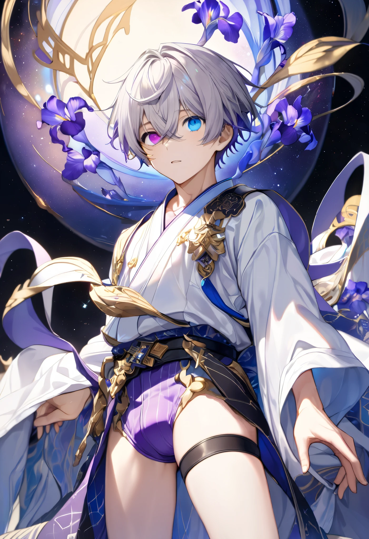  fresh illustration ,
Superfine painting,
 very delicate illustration ,
 Very fine details ,
Picture of only one boy ,
Height: 158cm,
(( standing)),
 white skin,
(((((The right iris is blue and the left iris is purple)))))
(((((Complete iris heterochromia ))))),
 beautiful eyes,
 large black pupils ,
 short hair,
Gray Hair,
 hair roots are bluish ,
 The hair has gradation ,
 shiny hair with makeup,
Beautiful and pretty face,
A small rear wheel that shines brightly floats above the head ,
 raised eyebrows ,
 and is wearing a kimono on the upper body in kimono,
Masculine physique,
 Six Pack,
 Super Skinny,
No boobs,
 lower body Nadres ,
The color of the belt is black ,
Overall white clothes ,
 The design is tastefully embroidered with gold thread,
 fine fabric clothing ,
 jockstrap underwear ,
 thigh strap,
 thigh strapは肌に食い込んでいる,
 white long boots,
 There are countless Japanese style ,
 number of fingers on the hands and feet ,
 thin waist,
 thin legs ,
Isometric,
Golden Ratio,
god々 like atmosphere,
 The undershirt is indigo-colored with a stand-up collar,
 outer space ,
Milky Way,
Little Star々 upper body ,
 tactical use of shadows ,
 rings of the head and hair do not stick out of the angle of view,
Clothes don't stick out of the angle of view ,
(Knee Shot),
