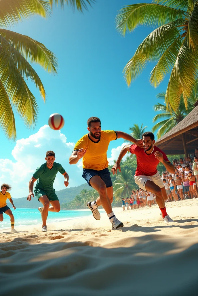 A high-quality, professional DSLR photo of a night-time footvolley match with four players, intensely focused on the ball. The bright stadium lights cast sharp shadows on the sand, captured with exceptional clarity and detail, while a cityscape softly glows in the distant background.
