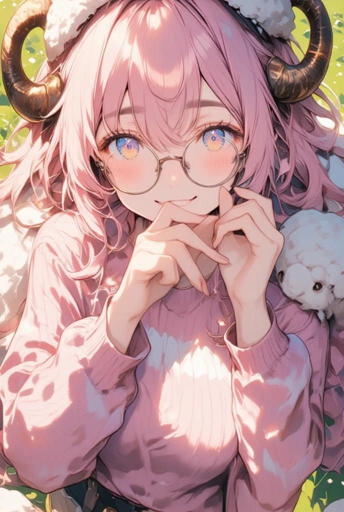 ((best quality)), ((masterpiece)), (Very delicate details, Incredibly detailed, Her fingers are perfectly shaped:1.3),  1girl , soft smile:1.3, (Her hair is pink and fluffy:1.2, Hair as voluminous as sheep's wool), Sheep's round horns:1.1, Thick eyebrows:1.35, (Round Glasses:1.3, Pinch the frames of your glasses with your fingers), Round hat, Pink striped sweater, Bust Up:1.3, Diagonal view from above:1.3, Soft light expression