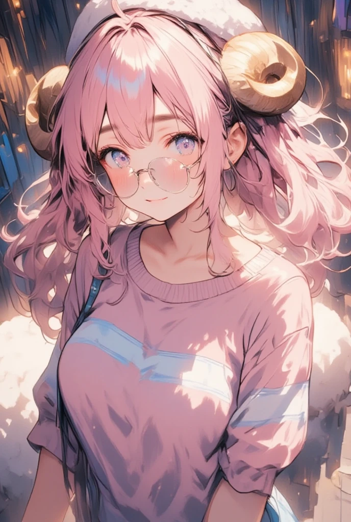 ((best quality)), ((masterpiece)), (Very delicate details, Incredibly detailed, Her fingers are perfectly shaped:1.3),  1girl , soft smile:1.3, (Her hair is pink and fluffy:1.2, Hair as voluminous as sheep's wool), Sheep's round horns:1.1, Thick eyebrows:1.35, (Round Glasses:1.3, Pinch the frames of your glasses with your fingers), Round hat, Pink striped sweater, Bust Up:1.3, Diagonal view from above:1.3, Soft light expression