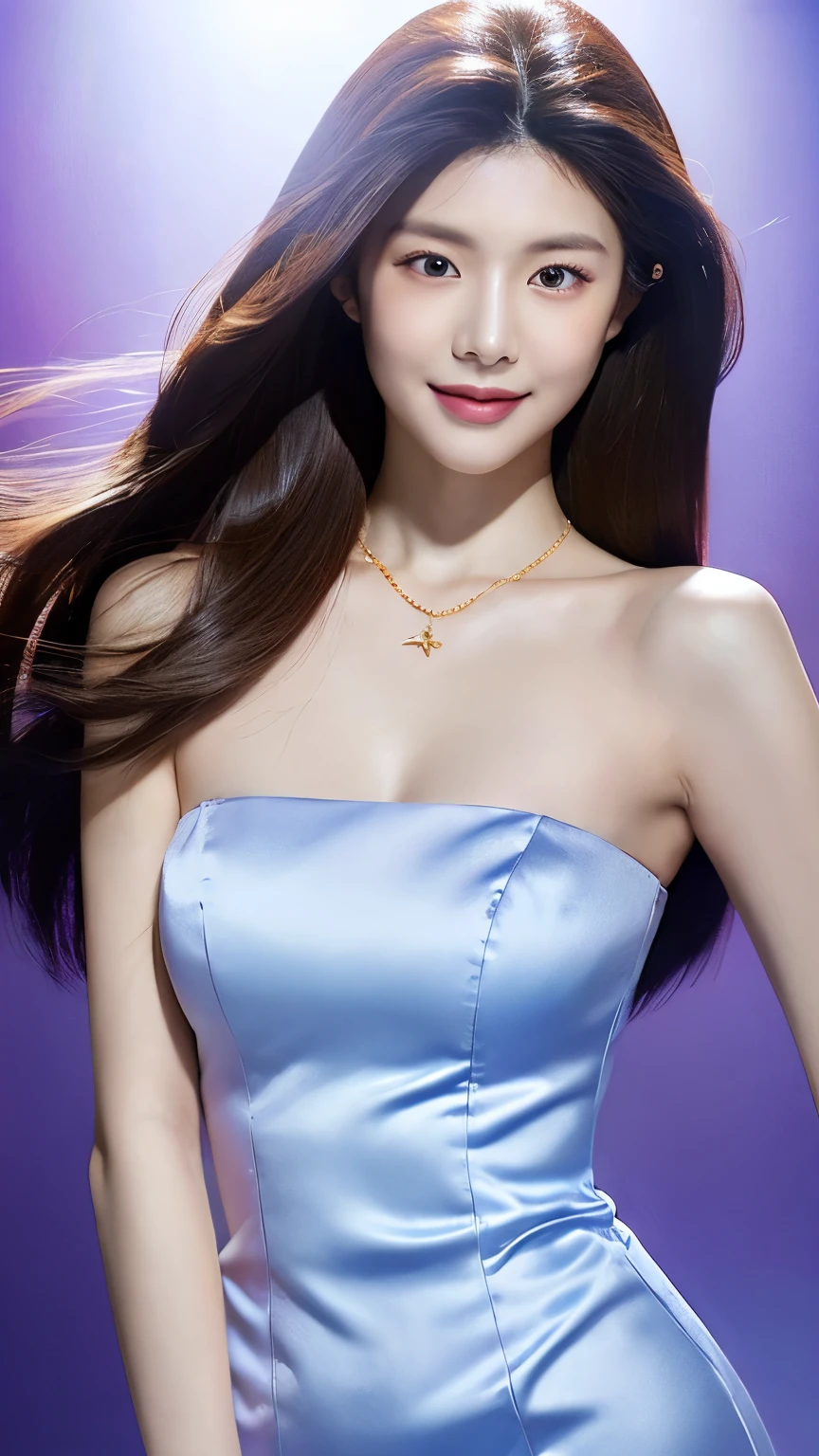 masterpiece, hyper res, hyper quality, photo realistic, 1 japanese woman, 20yo, long hair roughly up, big smiled, thin body, super model, pink lips, bit of light-blue eye-shadow, big ear accessories, double big pearl neckless, golden arm accessories, wear tube top silky satin purple big slit dress, background lounge, cinematic lighting, DOF:1.7, from front, cowboy shot,