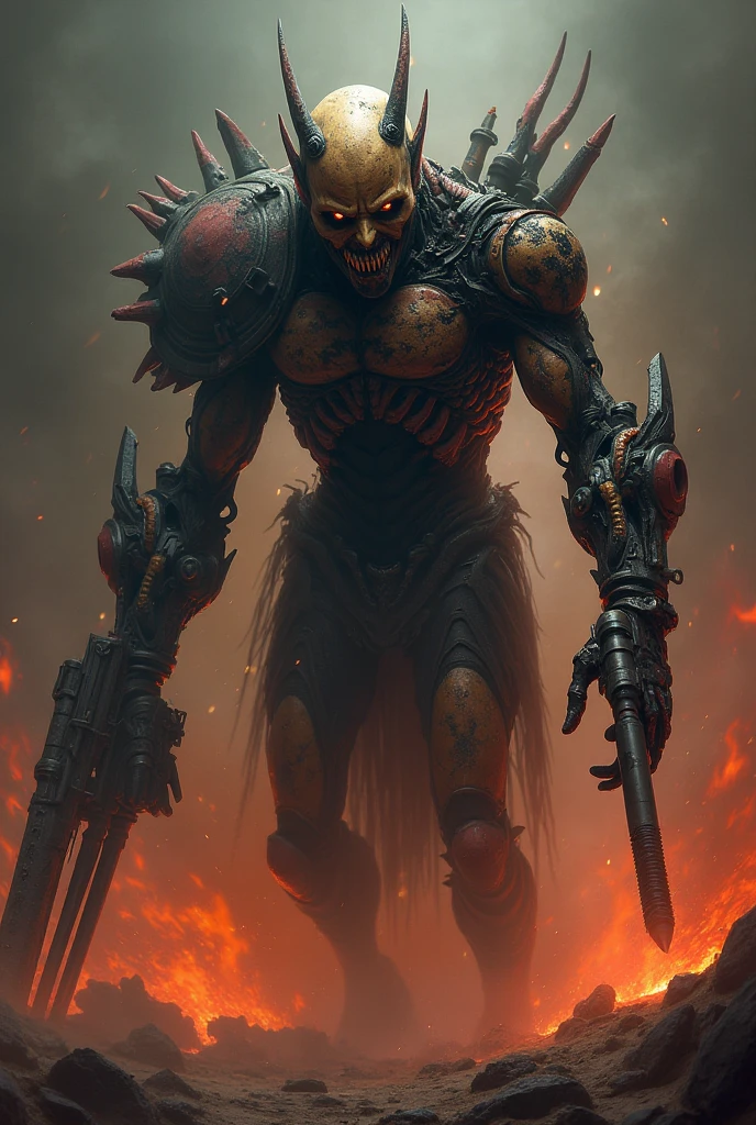 (warhammer fantasy style), gigantic (Khorne:1.5) the Blood God, looking like a (giant blood Demon:1.4), (but he's dressed as a French citizen, wearing a sailor shirt and handling a baguette with a beret:1.4), warhammer_chaos_spawn, simple background