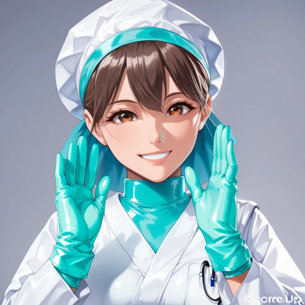 (( female doctor)), anime, smiling, (( Surgical Gloves)), (( latex gloves )), [adjusting gloves],  other clothing is not made of latex, (( Long Sleeve )),  is standing, Alone