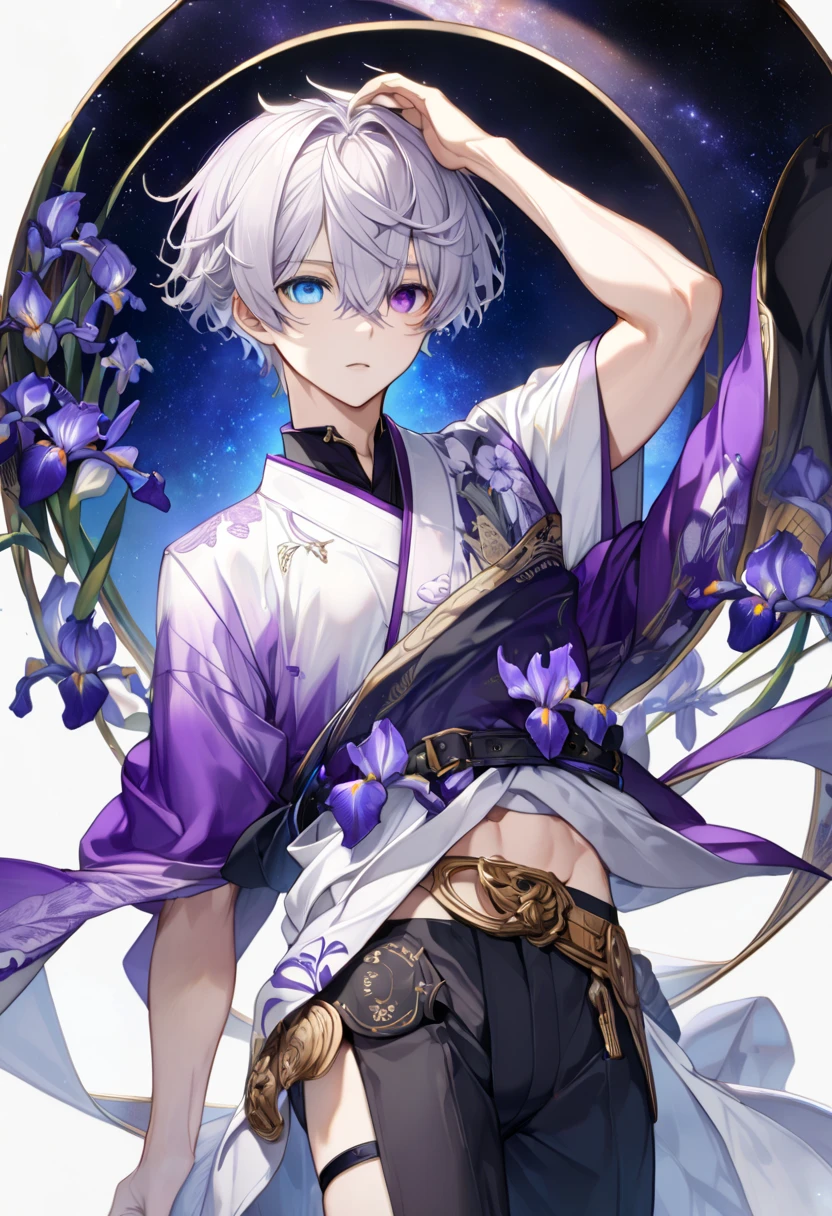  fresh illustration ,
Superfine painting,
 very delicate illustration ,
 Very fine details ,
Picture of only one boy ,
Height: 158cm,
(( standing)),
 white skin,
(((((The right iris is blue and the left iris is purple)))))
(((((Complete iris heterochromia ))))),
 beautiful eyes,
 large black pupils ,
 short hair,
Gray Hair,
 hair roots are bluish ,
 The hair has gradation ,
 shiny hair with makeup,
Beautiful and pretty face,
A small rear wheel that shines brightly floats above the head ,
 raised eyebrows ,
 and is wearing a kimono on the upper body in kimono,
Masculine physique,
 Six Pack,
 Super Skinny,
No boobs,
 lower body Nadres ,
The color of the belt is black ,
Overall white clothes ,
 The design is tastefully embroidered with gold thread,
 fine fabric clothing ,
 jockstrap underwear ,
 thigh strap,
 thigh strapは肌に食い込んでいる,
 white long boots,
 There are countless Japanese style ,
 number of fingers on the hands and feet ,
 thin waist,
 thin legs ,
Isometric,
Golden Ratio,
god々 like atmosphere,
 The undershirt is indigo-colored with a stand-up collar,
 outer space ,
Milky Way,
Little Star々 upper body ,
 tactical use of shadows ,
 rings of the head and hair do not stick out of the angle of view,
Clothes don't stick out of the angle of view ,
(Knee Shot),
