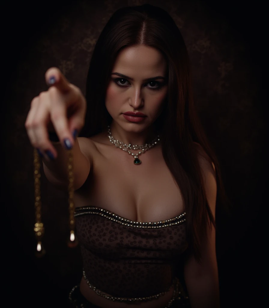 Madeline Petsch in a strapless dress, as a hypnotist holding a pendant on a chain in one hand