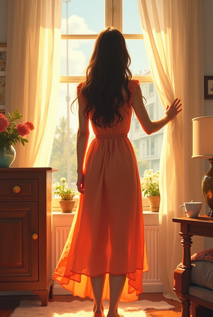 "Draw a scene with a woman with a well-defined body in a low-light motel room, the focus is on her face, with the background blurred. She is wearing a dress that reveals the design of her semi-nude body. The scene has a dark and mysterious atmosphere, as if it were the cover of a music album."