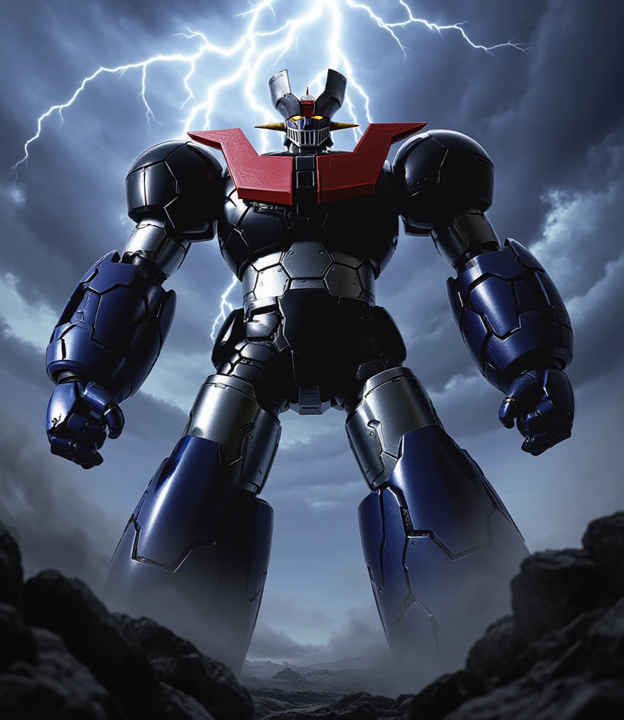  very realistic version of the modified Mazinger Z ,   Great Mazinger standing 100 meters high in a combat position.thunder　