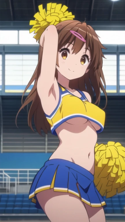 (best quality,anime,anime art style:1.2), young girl, 13years old, sweat,cheer leader,Intense angle,speedy movement,looking away,looks fun,a smile,sleeveless,