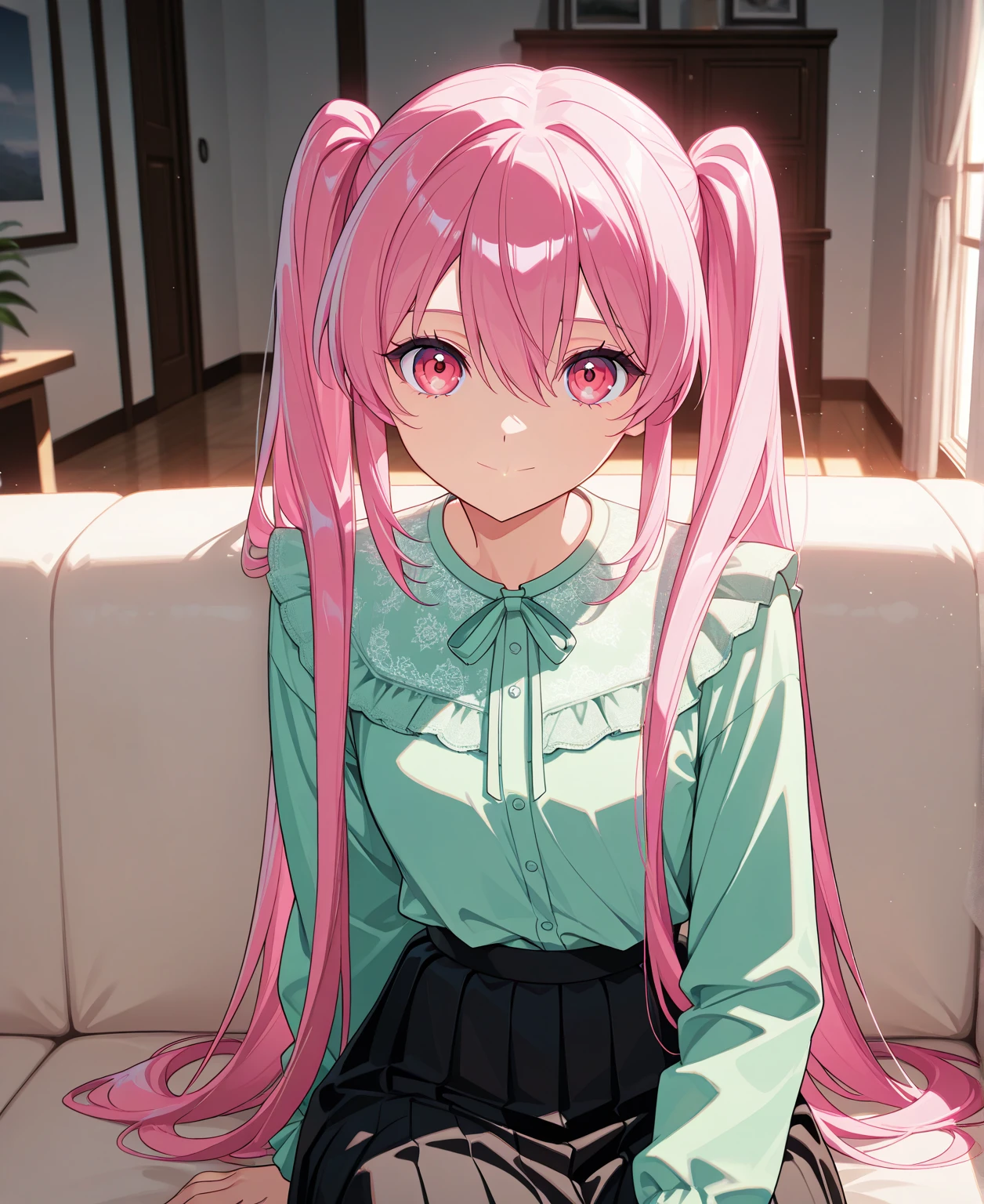 score_9, score_8_up, score_7_up, masterpiece, absurdres, source_anime,safe, rating safe, 1girl, solo, adult, girl focus, adult, very detailed expressive eyes, (very detailed eyes), aesthetic eyes, bright eyes, (bright pink eyes),  pink eyes, beautifully styled hair, very detailed hair, straight hair, bright pink hair, long hair, hair between eyes, (styled twintails),  (straight hair), (straight twintails),styled hair, happy, smiling, looking at viewer, small breasts, shiny skin, healthy skin colour, face focus, perfect face, BREAK
(green shirt, black skirt long skirt), half body, cowboy shot, BREAK
indoors, sitting on sofa, (sitting straight), BREAK
HDR, 8K, masterpiece, best quality, amazing quality, very aesthetic, high resolution, ultra-detailed, absurdres, newest, scenery, aesthetic detailed background, very detailed background, best quality, game cg aesthetics, beautiful detailed eyes, detailed skin, detailed hair, light particles,  depth of field, 
(masterpiece), best quality, ultra-detailed, 1024k UHD wallpaper, ultra-high resolution, depth of field, HDR, Ray tracing, RTX, high saturation, photon mapping, best texture quality, best compotitions, (extremely detailed CG 1024k wallpaper), High Details, Detailed face, Detailed Clothes, Ultra HD Photo, Perfect Face, expressive eyes, bright colours