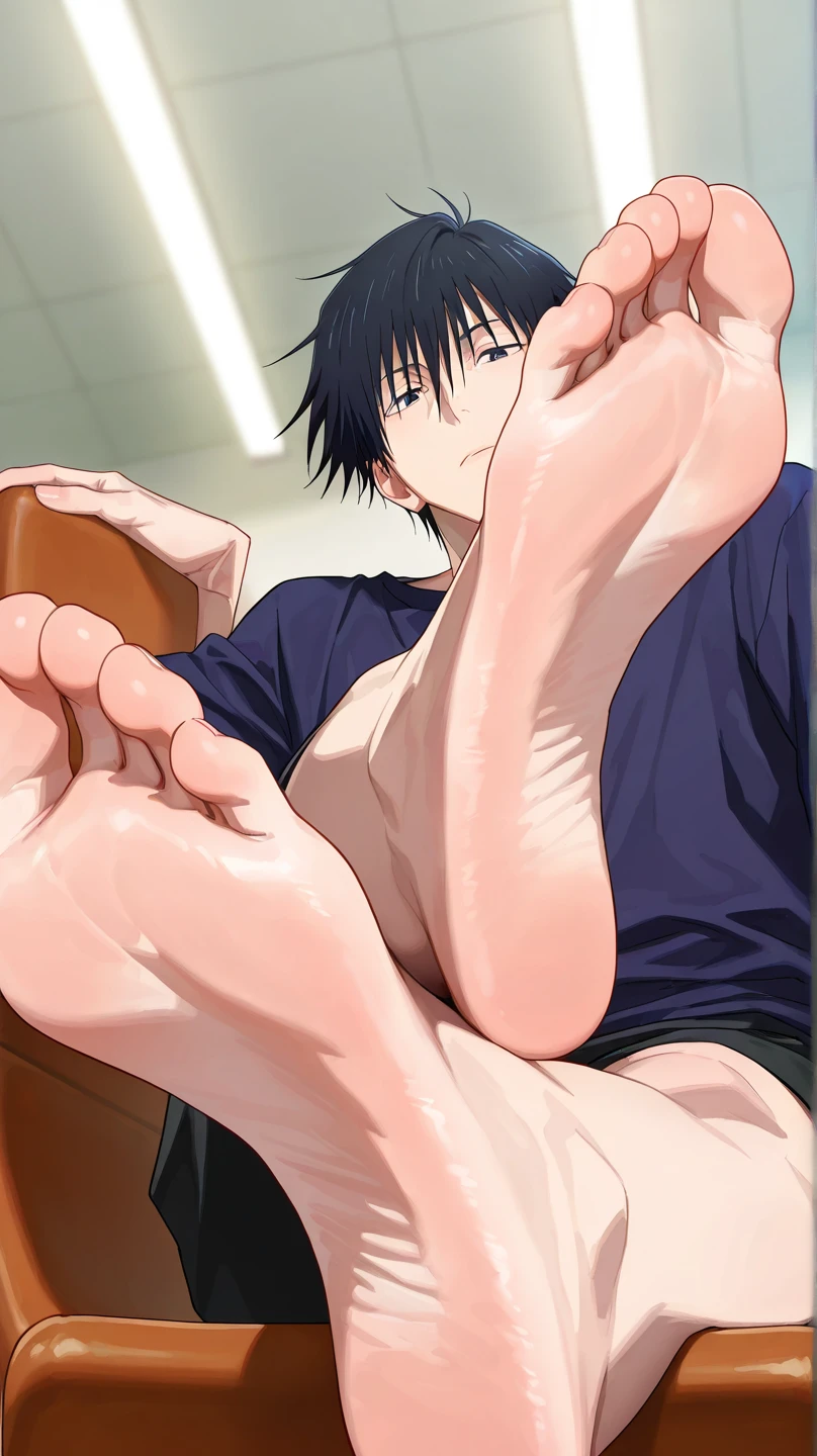 score_9, score_8_up, score_7_up, source_anime, looking at viewer, , depth of field, 1boy, solo, bare feet focus, touji_fushiguro, black hair, black eyes, short hair, hair between eyes, bangs, , , Touji is displaying his bare feet (soles) towards us and in front of us while he is sitting on a chair. His bare feet are close to us (focusing on his soles)(close up on soles)
Description feet: large feet, a bit caloused but gorgeous, anatomically correct and smooth. 