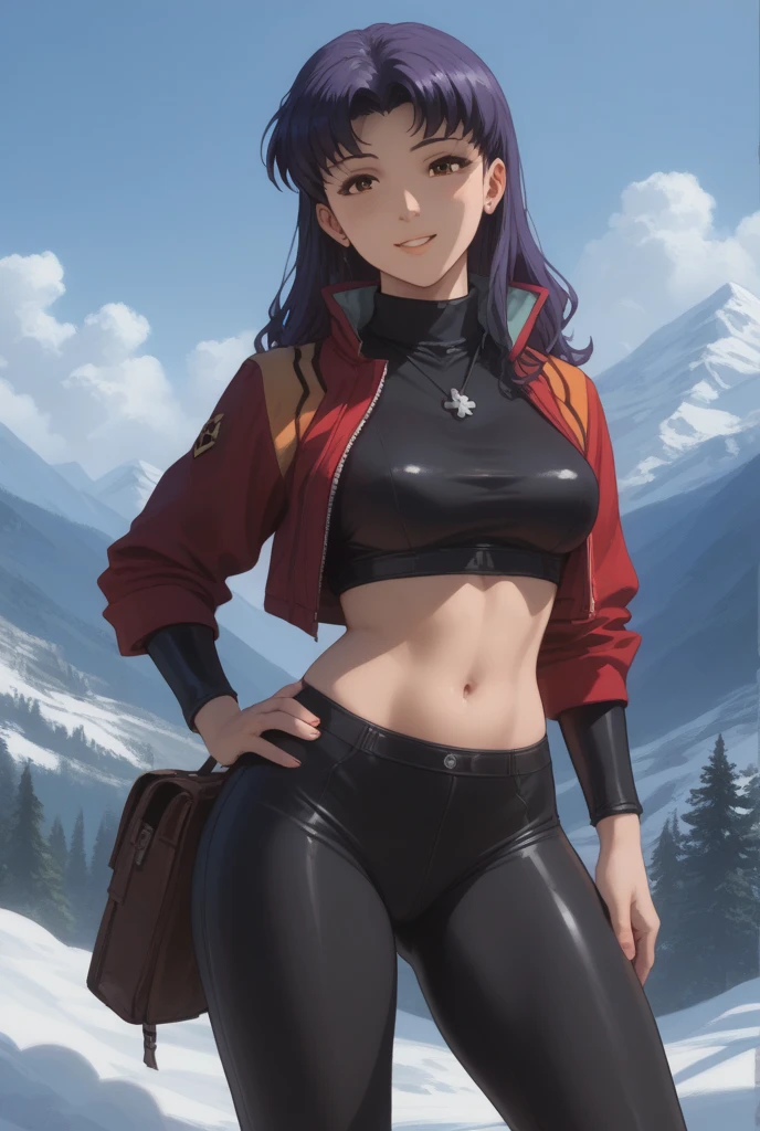 Misato. 
She wears a short black bodycon 
The best quality,  heavy mountains , 