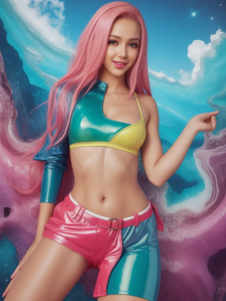 (8K, top-quality, masterpiece:1,2), (reallistic, Photorealsitic:1.37), Super Detail, One girl,), (Highly detailed), (beautifully detailed eyes), (of the highest quality), (super detailed ), (masterpiece), (Detailed face), 20yr old, 1 girl, ((pink hair, long hair)), medium breasts, clothed, Perfect Lighting, BREAK, (rainbow gradient glossy bodysuit:1.5), (deep v-neck:1.3), (long sleeves:1.2), (red, orange, yellow, green, blue, indigo, violet:1.2), (low-cut legs:1.2), (bodycon:1.4), (open back:1.3), (high shine fabric:1.4), (rainbow platform heels:1.2), (necklace:1.1), (dangle earrings:1.1), (bangles:1.1), (clutch bag:1.1), BRAKE, (upper body to knees:1.3), (flowing hair:1.3), (smiling:1.2), (facing forward:1.2), (one leg forward:1.2), (white background:1.4), (soft lighting:1.3), (blushing cheeks:1.5), (looking straight:1), (sweat:1.5), (steam:1.2), (seductive pose:1), (girl trembling with sexual climax:1.1),