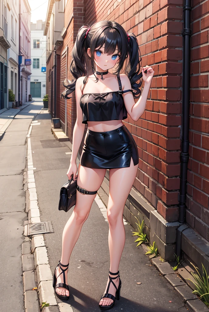 Gothic Punk、Goth Fashion,Tight mini skirt、Fine skin、Realistic textured hair、19th century London streetscape, Complex clothing, Looking up from the feet,You can see her lingerie under her skirt