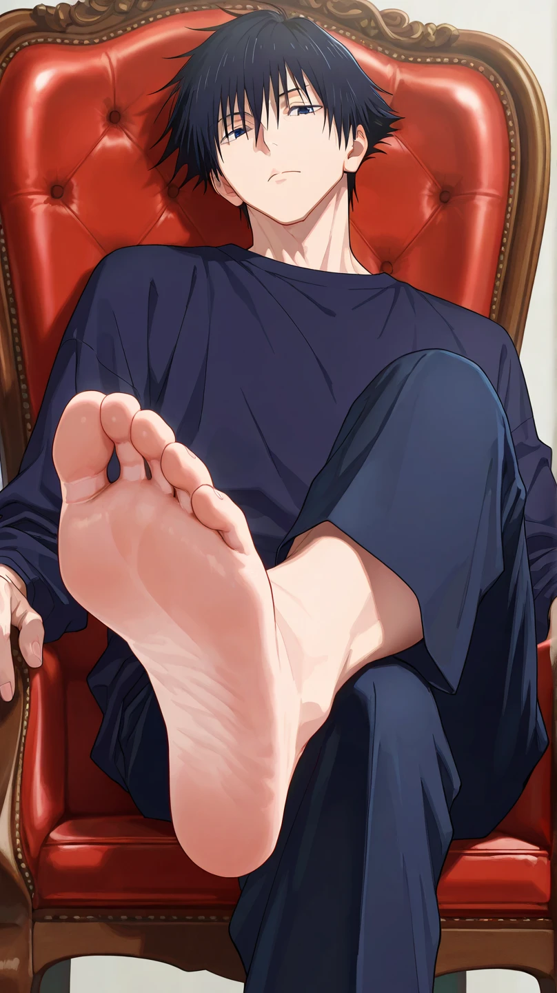 score_9, score_8_up, score_7_up, source_anime, looking at viewer, , depth of field, 1boy, solo, bare feet focus, touji_fushiguro, black hair, black eyes, short hair, hair between eyes, bangs, , , Touji is displaying his bare feet (soles) towards us and in front of us while he is sitting on a chair. His bare feet are close to us (focusing on his soles)(close up on soles)
Description feet: large feet, a bit caloused but gorgeous, anatomically correct and smooth. 