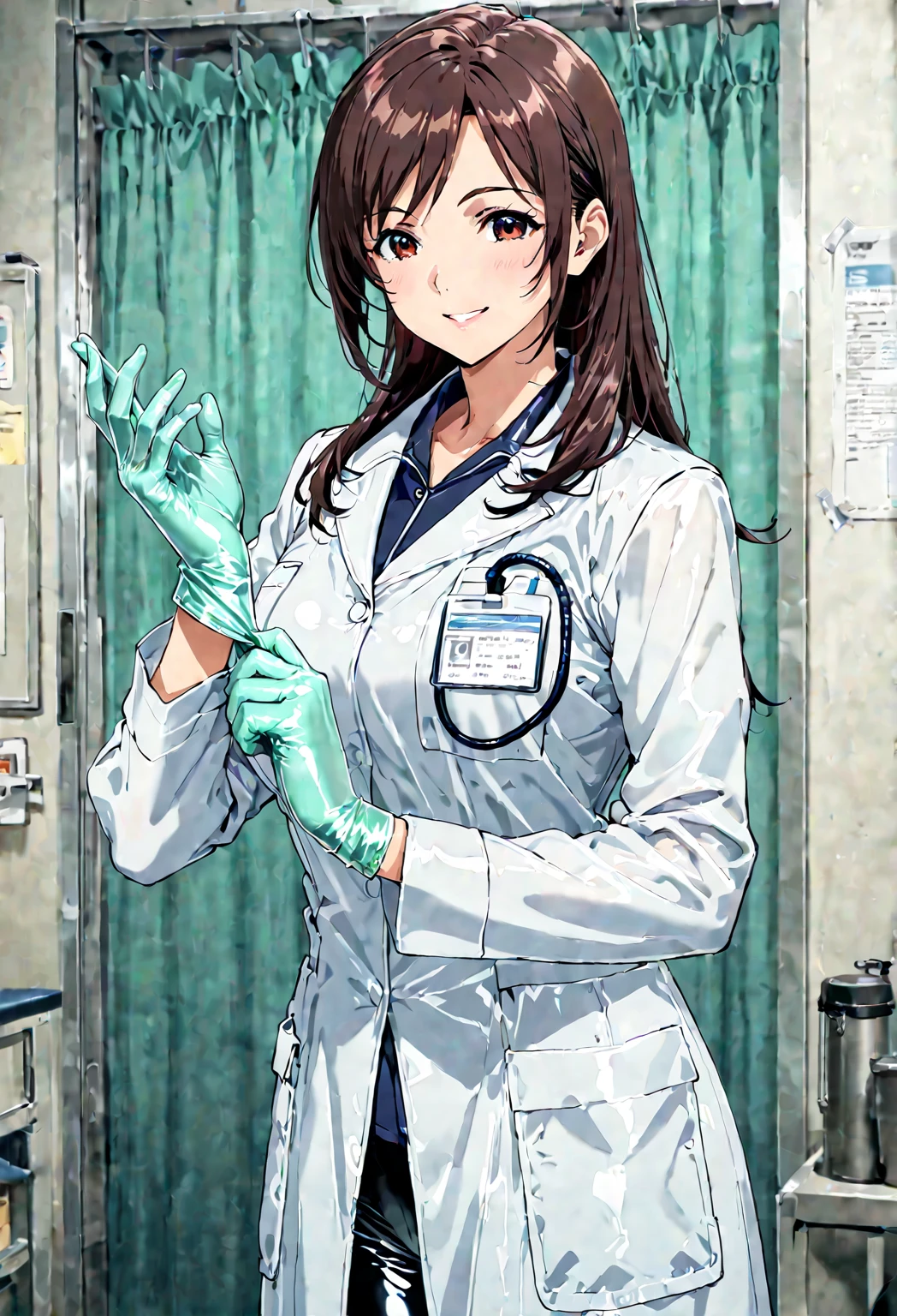 (( female doctor)), anime, smiling, , (( Surgical Gloves)), (( latex gloves )), [adjusting gloves], (( Long white Sleeve )), is standing, Alone