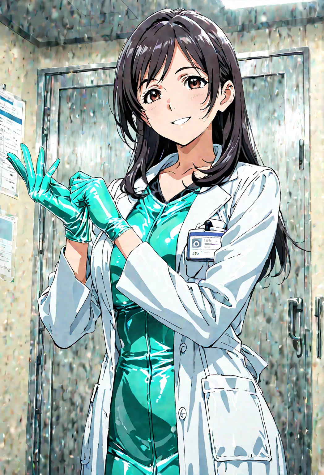 (( female doctor)), anime, smiling, , (( Surgical Gloves)), (( latex gloves )), [adjusting gloves], (( Long white Sleeve )), is standing, Alone