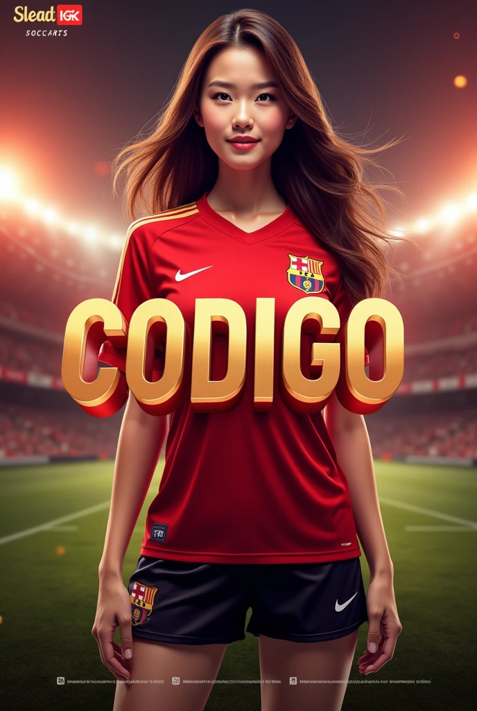 Give me more images of the same woman, ella sola, con camiseta roja de futbol