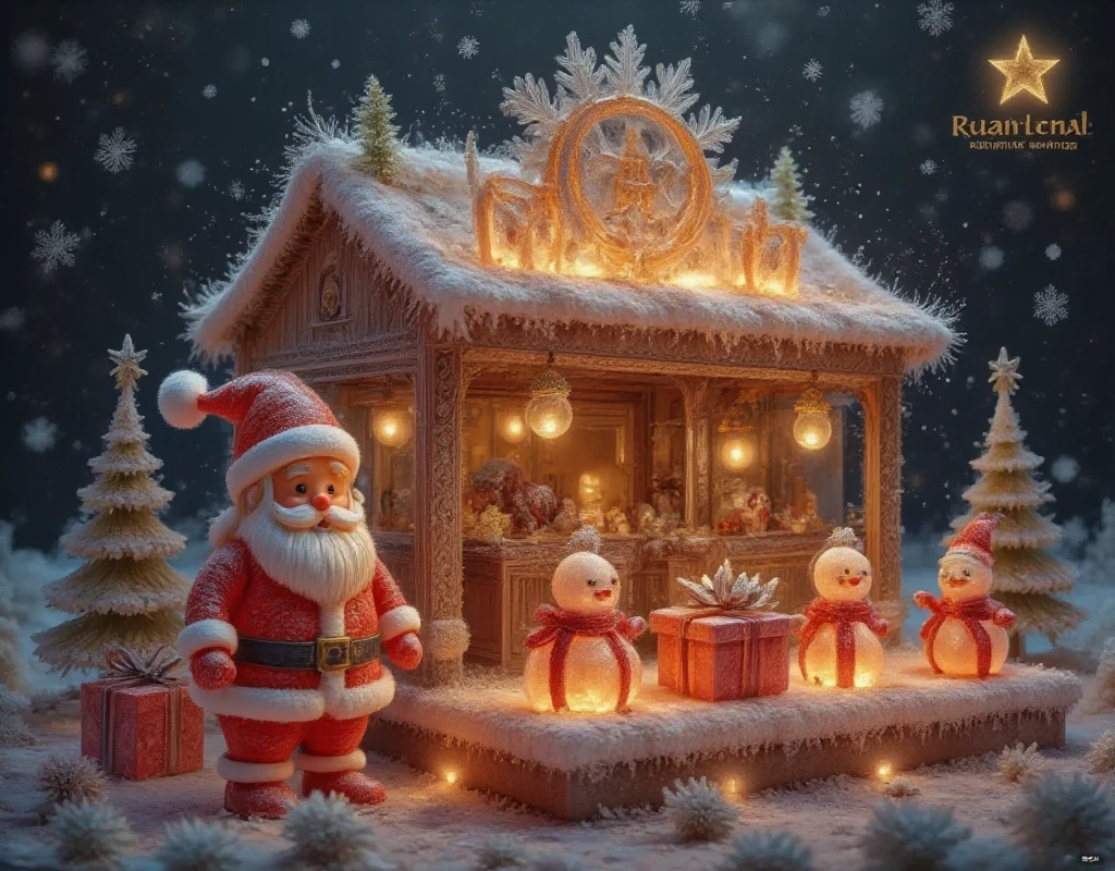 with "Merry Christmas",top view,surreal scene,Christmas,3D cartoon style,digital illustration of a rural,Christmas store,clear glass. Above it says:a huge logo surrounded by Snow. The sky is gold with snowflakes floating above the store,there is a cute Santa Claus in front of the store,elves and snowmen on the stage,and the poster has a dark gold background. There is a small gift box next to it,,3d,oc rendering,c4d,Christmas-scenery,ice-scenery,ice sculpture,ice style,made of ice,transparent,Made with clear candy