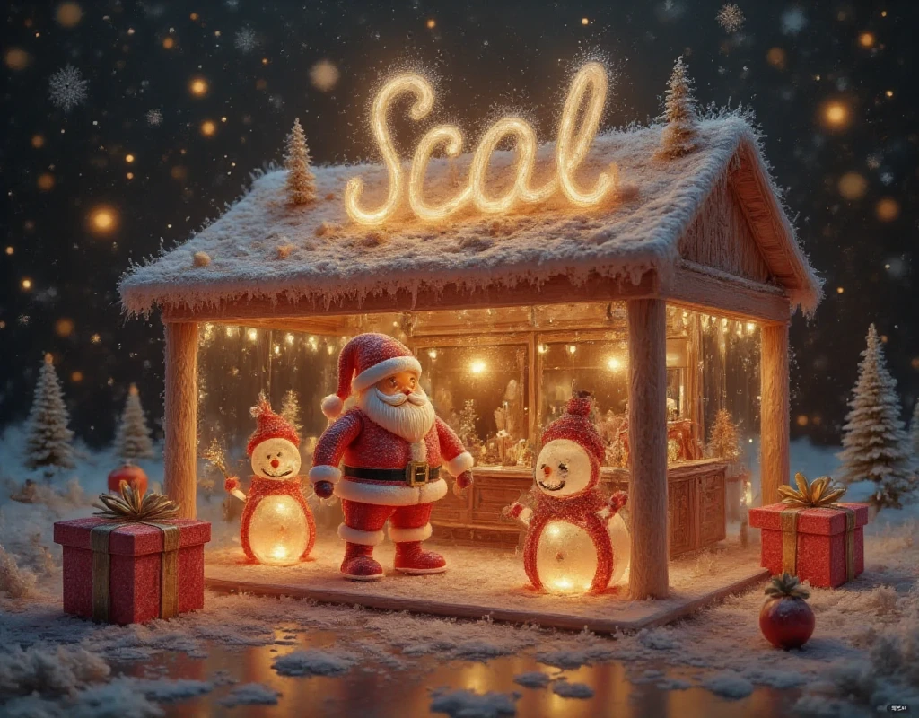 with "Merry Christmas",top view,surreal scene,Christmas,3D cartoon style,digital illustration of a rural,Christmas store,clear glass. Above it says:a huge logo surrounded by Snow. The sky is gold with snowflakes floating above the store,there is a cute Santa Claus in front of the store,elves and snowmen on the stage,and the poster has a dark gold background. There is a small gift box next to it,,3d,oc rendering,c4d,Christmas-scenery,ice-scenery,ice sculpture,ice style,made of ice,transparent,Made with clear candy