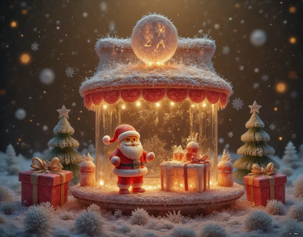 with "Merry Christmas",top view,surreal scene,Christmas,3D cartoon style,digital illustration of a rural,Christmas store,clear glass. Above it says:a huge logo surrounded by Snow. The sky is gold with snowflakes floating above the store,there is a cute Santa Claus in front of the store,elves and snowmen on the stage,and the poster has a dark gold background. There is a small gift box next to it,,3d,oc rendering,c4d,Christmas-scenery,ice-scenery,ice sculpture,ice style,made of ice,transparent,Made with clear candy