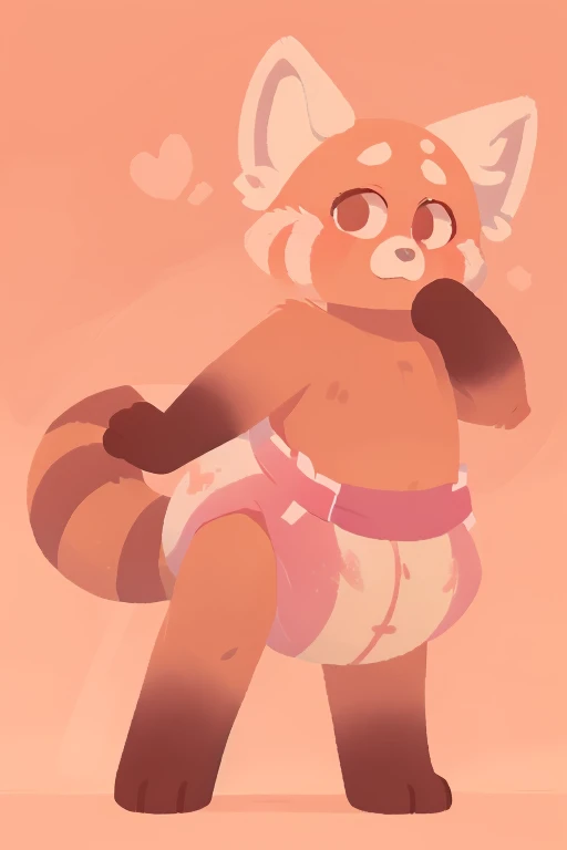 red panda, turning red, tall, cylindrical limbs, red fur, standing up, diaper, wet diaper, used iaper, big diaper, looking down, expressionless eyes, no expression, probably drawn digitaly, soft colors, simple background, facing the viewer, looking in the direction of the viewer