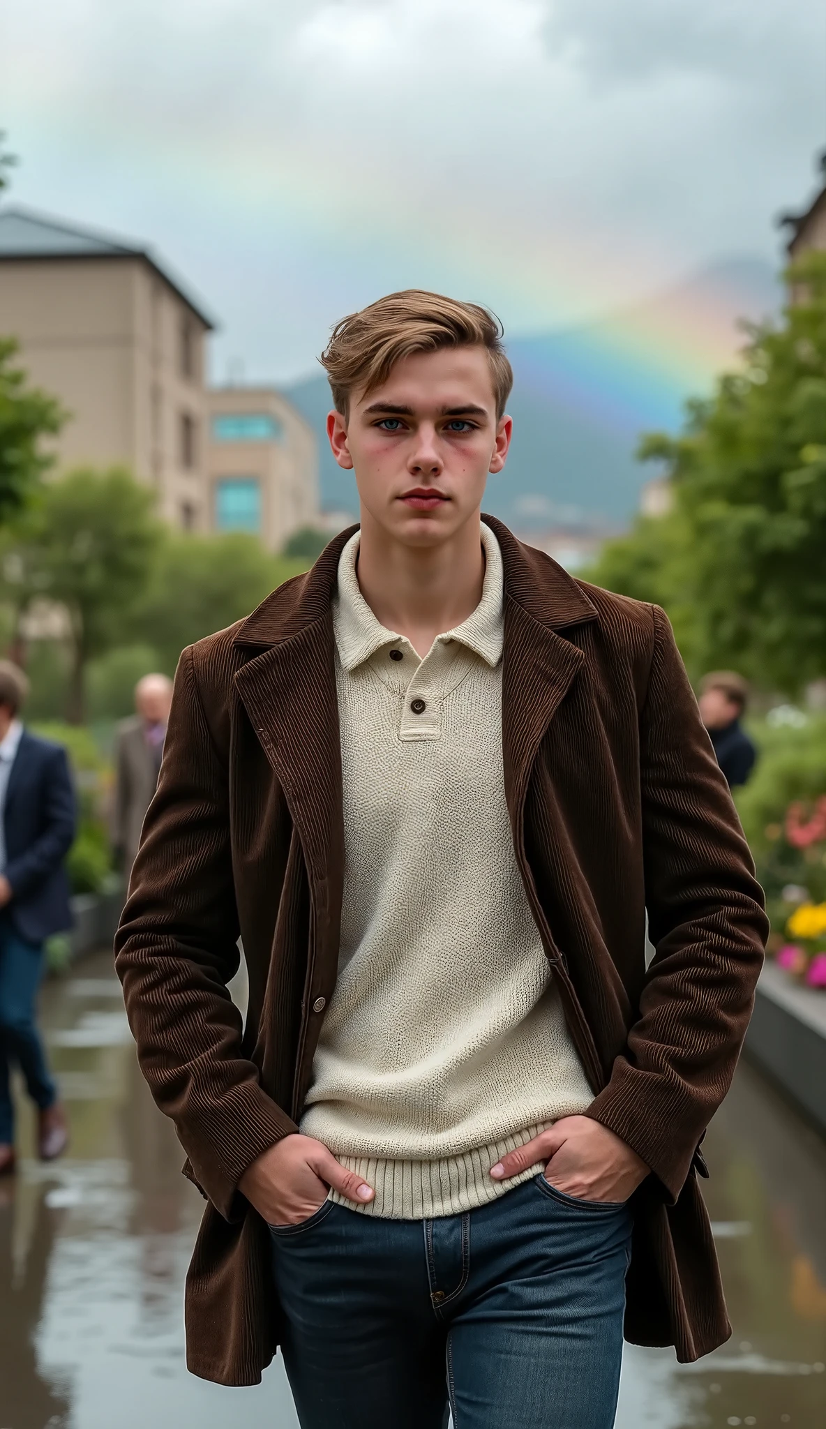 Real Photo, reality, a close portait, a 25 years old guy, light brown hair, short straight hair, pale skin, blue eyes, mesomorph bodyshape, strong body, badass, masculinity, virility, very beautiful guy, the most beautiful guy of the world, a white woolen sweater, a short dark brown corduroy coat with white wool, walking through a beautiful urban garden with elegance and confidence, with hands in pockets, there are several clouds in the sky, the ground is wet, there is a rainbow on the horizon, several people around