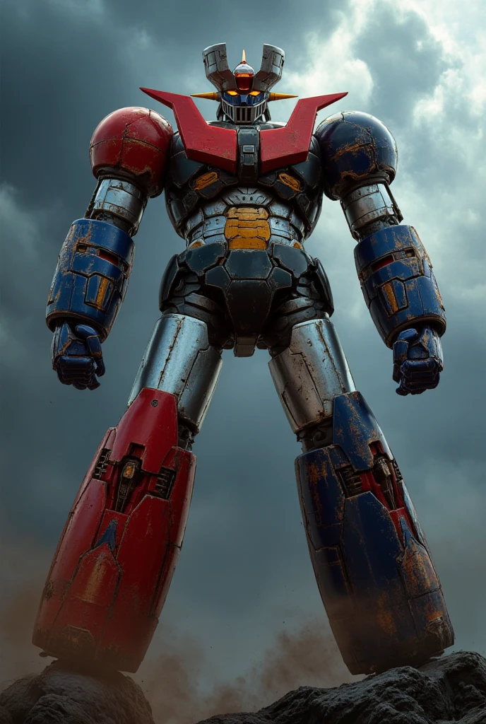 A very realistic version of the strongest giant robot 、 Mazinger Z in steel,   Great Mazinger standing 100 meters high in a combat position.thunder　