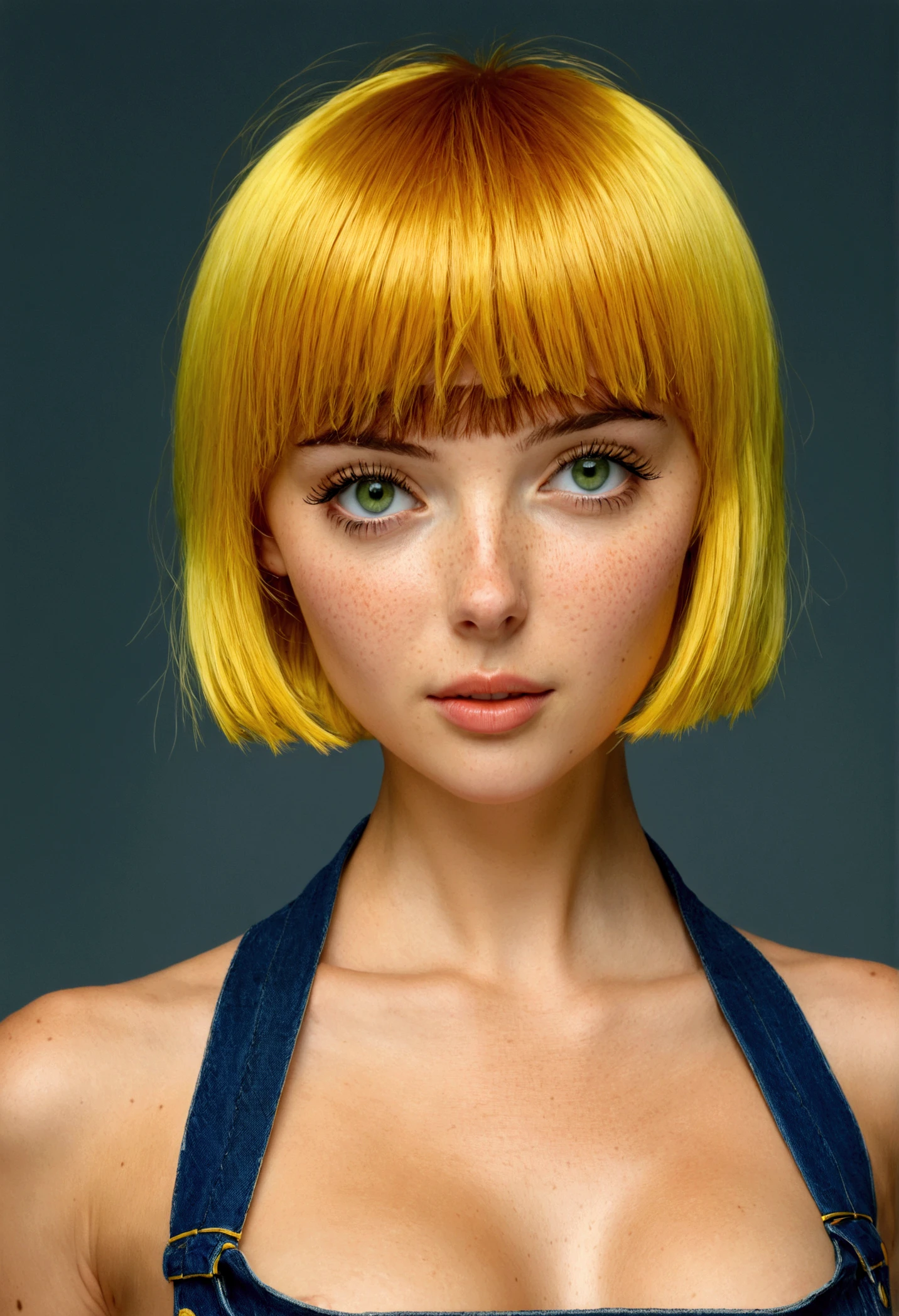 portrait of a beautiful sexy young woman anvertinskaya, dreamike eyes, yellow dress, bangs, smirk, (epic:1.2), (single color background:1.4),(dark studio lighting, sony a7, 50 mm, matte skin, pores, colors, hyperdetailed, hyperrealistic)<lora:Mlauv Mary:1>