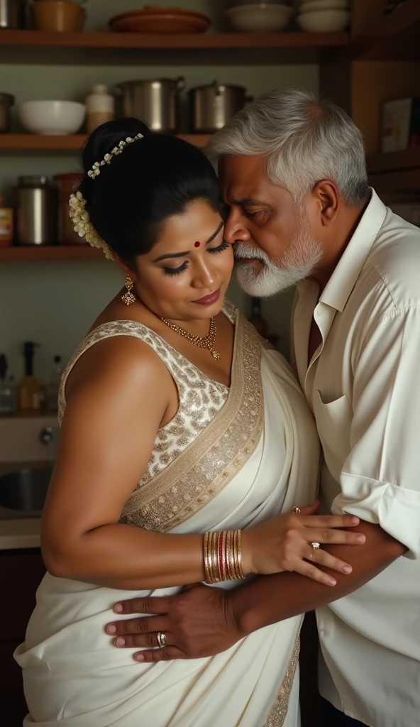 a beautiful South Indian 25 year old plus sized teacher (wearing cream colour silk saree and bra) in a office, affectionately hugging a 60 year old man, full body image