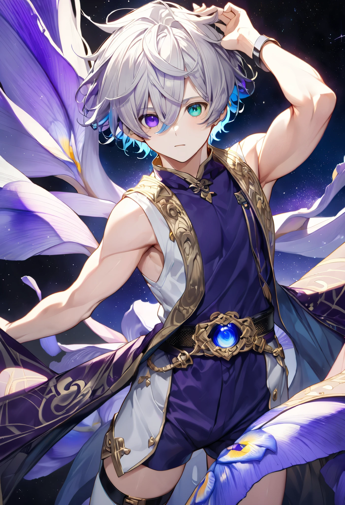  fresh illustration ,
Superfine painting,
 very delicate illustration ,
 Very fine details ,
Picture of only one boy ,
Height: 158cm,
(( standing)),
 white skin,
(((((The right iris is blue and the left iris is purple)))))
(((((Complete iris heterochromia ))))),
 beautiful eyes,
 large black pupils ,
 short hair,
Gray Hair,
 hair roots are bluish ,
 The hair has gradation ,
 shiny hair with makeup,
Beautiful and pretty face,
A small rear wheel that shines brightly floats above the head ,
 raised eyebrows ,
 and is wearing a kimono on the upper body in kimono,
Masculine physique,
 Six Pack,
 Super Skinny,
No boobs,
 lower body Nadres ,
The color of the belt is black ,
Overall white clothes ,
 The design is tastefully embroidered with gold thread,
 fine fabric clothing ,
 jockstrap underwear ,
 thigh strap,
 thigh strapは肌に食い込んでいる,
 white long boots,
 There are countless Japanese style ,
 number of fingers on the hands and feet ,
 thin waist,
 thin legs ,
Isometric,
Golden Ratio,
god々 like atmosphere,
 The undershirt is indigo-colored with a stand-up collar,
 outer space ,
Milky Way,
Little Star々 upper body ,
 tactical use of shadows ,
 rings of the head and hair do not stick out of the angle of view,
Clothes don't stick out of the angle of view ,
(Knee Shot),
