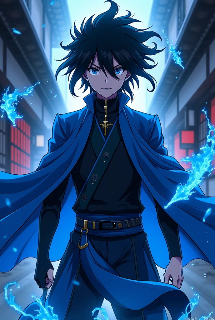 anime characters in front of a building with blue light, Okata Kazuto., inspirado em Okumura Masanobu, Kirito, Preto - Mago Cabelo, an epic anime of a energy man, jovem mago das sombras macho, Hijikata Toushirou de Gintama, hijikata toushirou, arte chave do anime